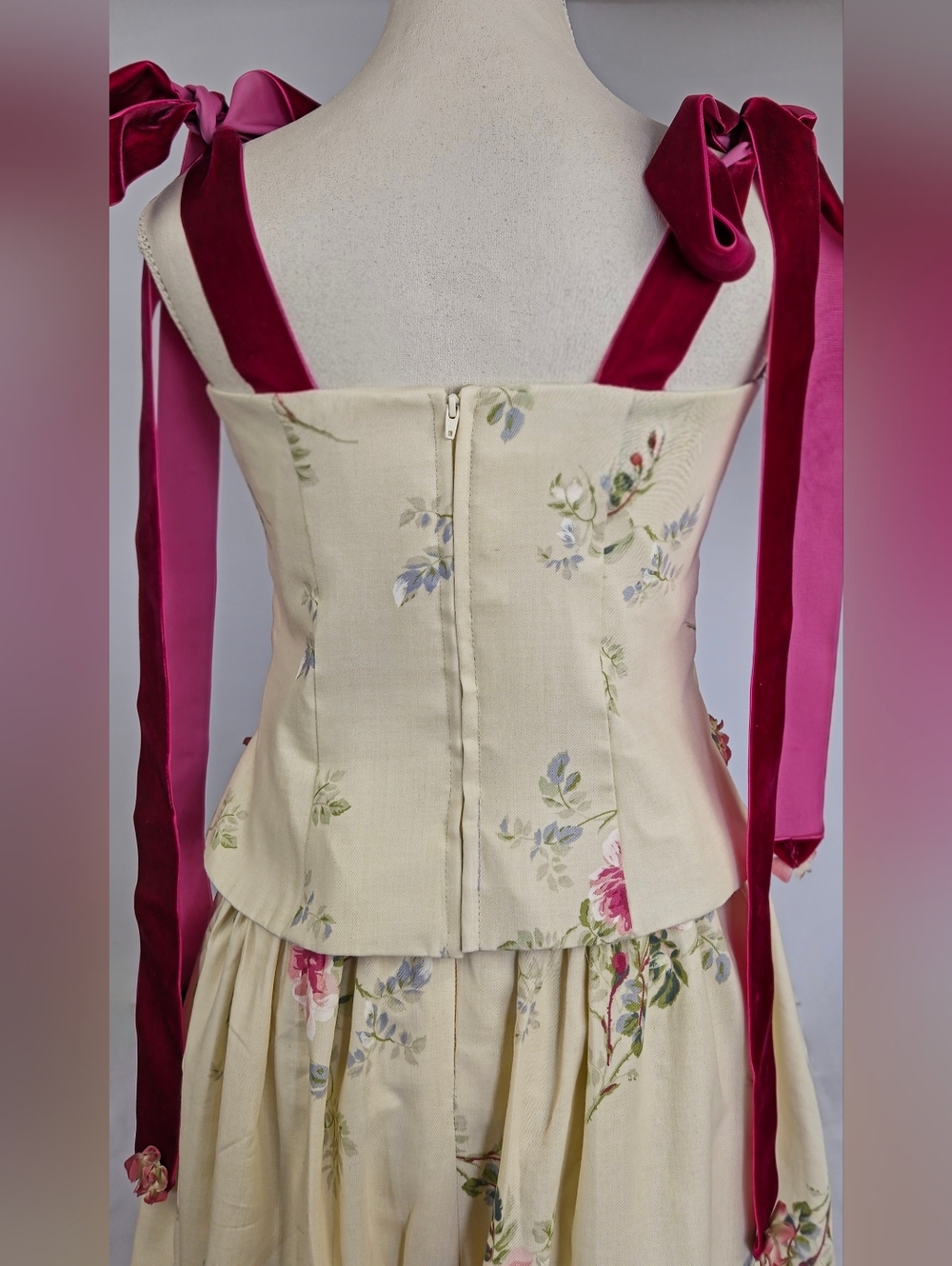 Upcycled Vintage Floral Corset Top and Skirt Set with Velvet Ribbon Ties - Picture 8 of 14